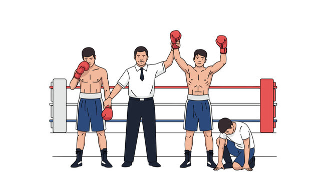Triumphant boxer having his arm raised by the referee in the ring after winning the match against his opponent.