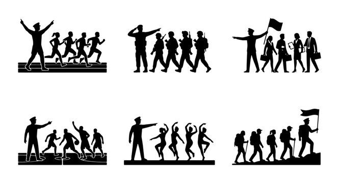 Teamwork Silhouettes: Diverse Groups in Motion, Leadership, Sports, Dance, Hiking, Business, Vector Icons