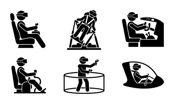 Virtual Reality Simulation Icons, VR Training Equipment Set, Immersive Technology Experiences, Futuristic Gaming and Education Vector Graphics
