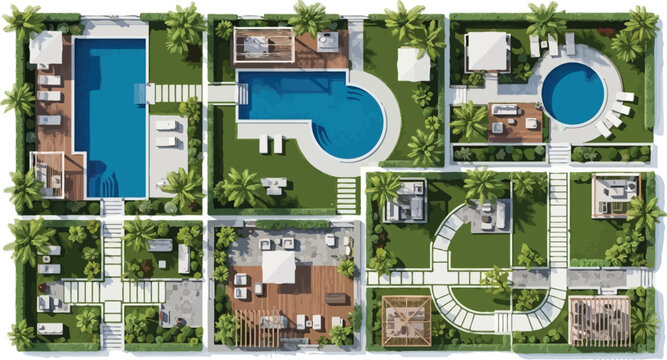 Top view vector illustration of luxury landscape design master plan featuring swimming pools, gardens, and outdoor living areas for residential real estate development