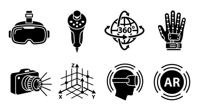 Virtual reality technology silhouette icons set with VR headset, controller, 360 degree globe, data glove and augmented reality AR vector symbols.