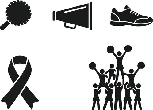 Black cheerleading icons set with megaphone and ribbon
