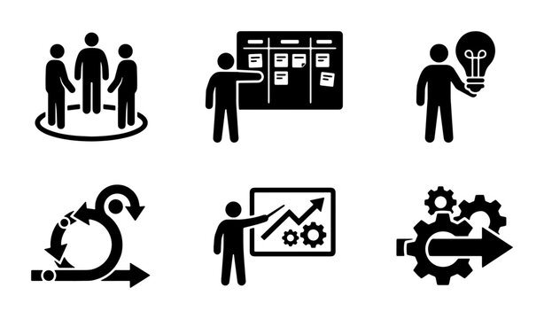 Agile Methodology Icons Set, Scrum Kanban Workflow Symbols, Business Process Management Vector Graphics