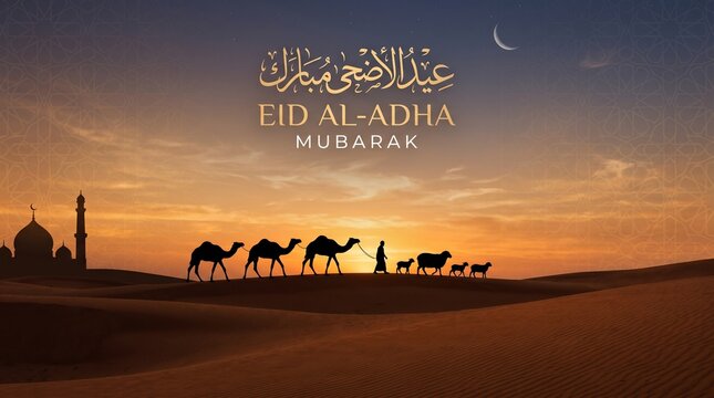 Eid al-Adha background with sheep and camel silhouettes in a serene desert landscape, sunset orange sky, Islamic geometric patterns, calm and spiritual mood, minimalistic design