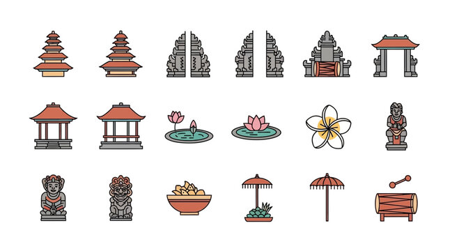 Set of Bali Indonesia Cultural Icons and Traditional Symbols