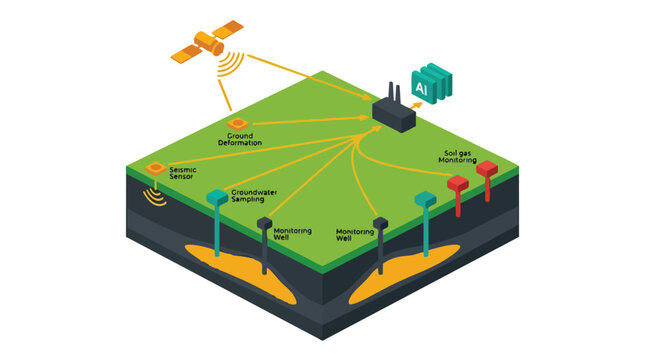Carbon Monitoring System Illustration with Satellite Ai Ground Sensors and Wells