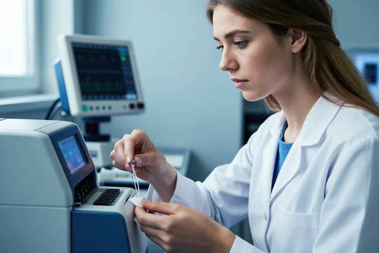 Young woman in lab coat uses DNA sequencer and monitor. Female researcher works with genetic material and medical equipment. Science innovation technology research medical lab setting.