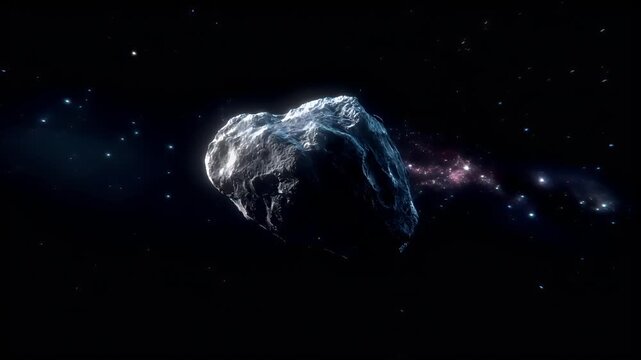 Space universe exploration, fantasy, mysterious. A vivid, highresolution digital artwork depicts a large, detailed asteroid in outer space. The asteroid is the main subject, with a textured.