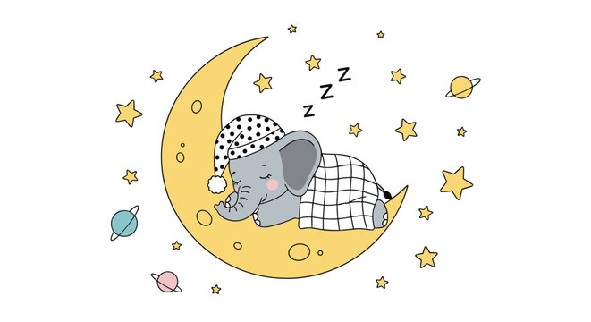 Adorable baby elephant wearing a nightcap and sleeping on a yellow crescent moon in a starry night sky with planets and stars.
