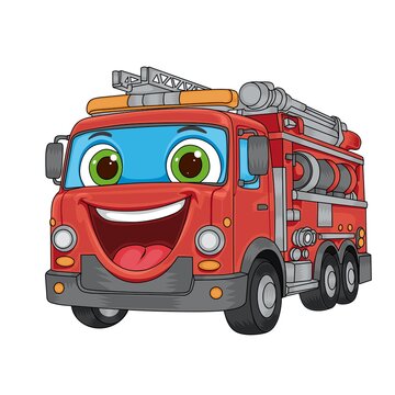 Cute Cartoon Fire Truck Character with Smiling Face Isolated on White Background