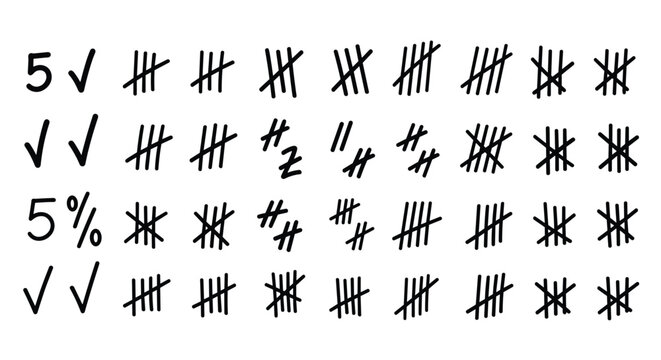 Various hand drawn tally marks and symbols for counting and scoring in a simple black ink sketch style on white background.