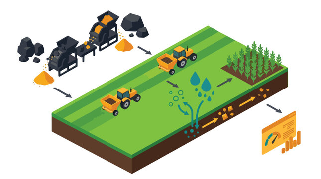 Carbon Capture Illustration Shows Isometric Flat Design of Mining Processing Agricultural Field with Tractors and Data Monitoring