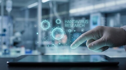 Fototapeta premium Hantavirus Research Digital Hologram of Viruses displayed on a Tablet in a Laboratory Setting