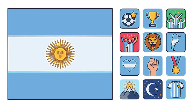 Argentina national flag illustration with sports and culture icon set featuring soccer ball, trophy, fans, map, Andes mountains, and jersey symbols on white background.