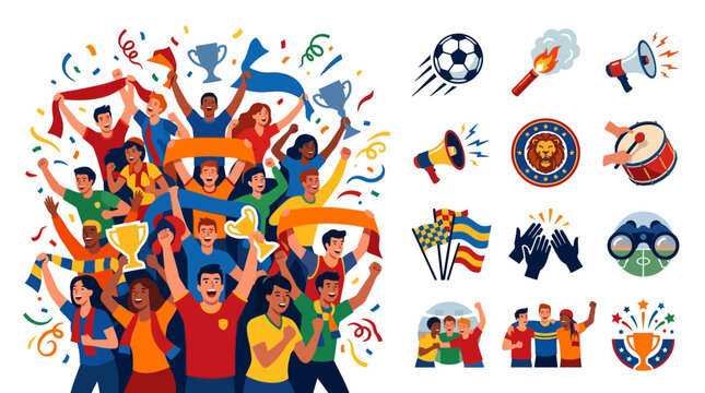 Flat vector illustration set of diverse football fans cheering with trophies, scarves, and confetti alongside icons like soccer balls, megaphones, drums, and team flags.