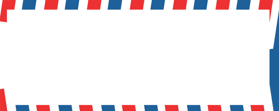 Airmail envelope frame with blue and red stripes on white background. International vintage letter border. Retro air mail postcard. Blank envelope.