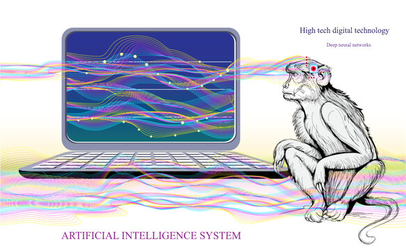 Deep neural networks. Microchip implantation in monkey brain. Hand drawn vector. High tech digital technology. Print for scientific research in biology, computer science, physics and nanotechnologies
