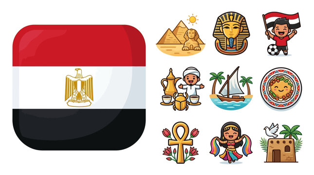Collection of Egyptian culture icons including square flag, Giza pyramids, Sphinx, Pharaoh mask, soccer fan, traditional coffee, felucca boat, local food, Ankh symbol, and belly dancer.