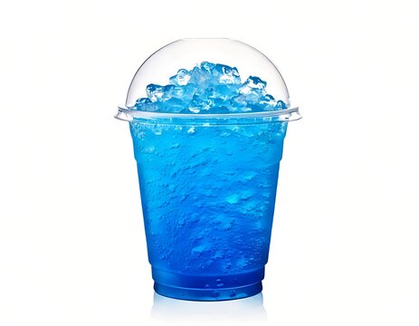 A plastic cup containing a blue crush ice drink is isolated on a white backdrop.