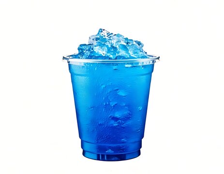 A plastic cup containing a blue crush ice drink is isolated on a white backdrop.
