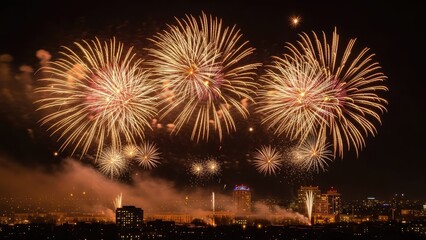 Fototapeta premium Dramatic fireworks display against a dark evening sky with city silhouette