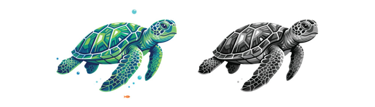 Artistic colorful sea turtle swimming with bubbles and small fish on transparent background.