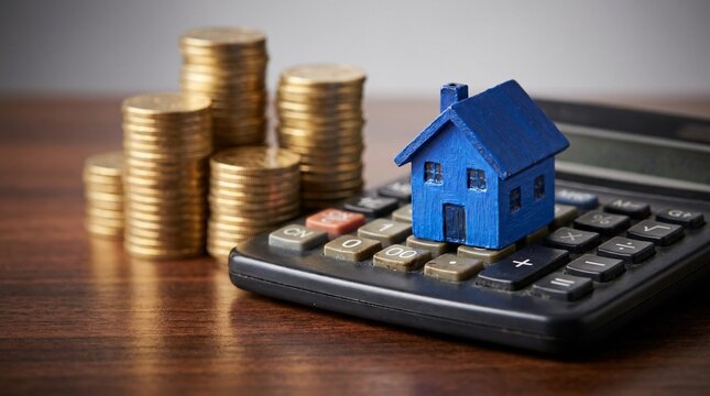 Miniature house painted in striking cobalt blue resting on top of a dark calculator beside towering stacks of shiny gold coins on a desk.