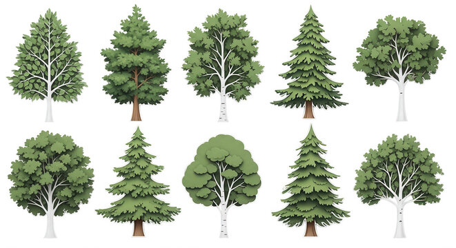 Set of ten isolated tree featuring various deciduous and coniferous species with green foliage and white trunks on a black background