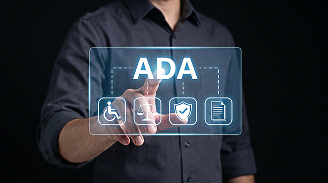 Professional person interacting with digital touch screen displaying icons related to american disability act compliance
