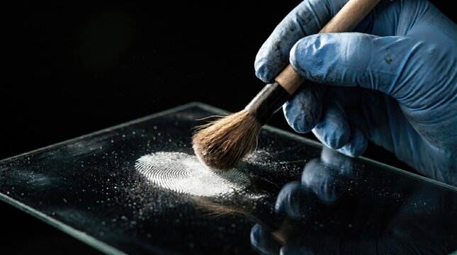A gloved hand uses a brush to carefully dust for fingerprints on a black glass surface.