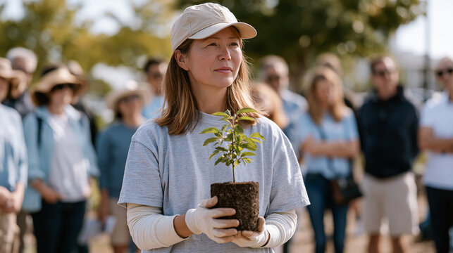 Urban tree planting coordinator in her forties leads a training circle for first-time volunteers in a city park, demonstrating correct root ball handling technique with a potted sapling as a dozen a
