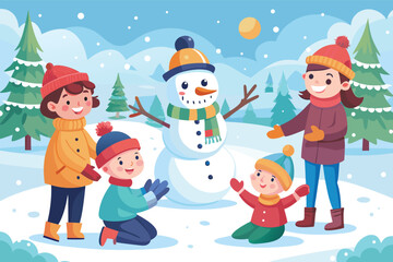 Fototapeta premium Adorable children building snowman winter fun illustration
