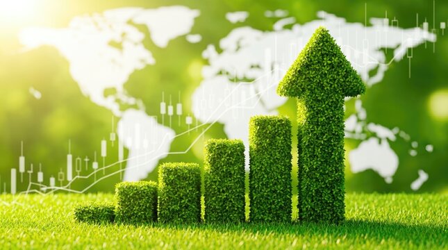 Green bar graph with an upward arrow made of grass, symbolizing eco-friendly growth against a blurred world map background.