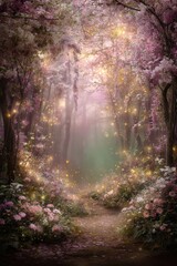 Fototapeta premium Fantasy wallpaper. A vivid portrayal of a mystical forest scene. The main subject is a dense canopy of cherry blossom trees, their branches laden with delicate pink and white blossoms.