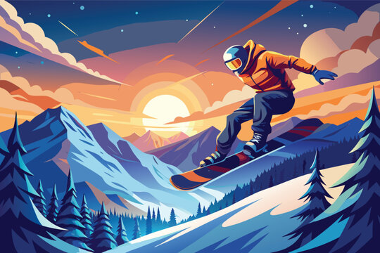 Dynamic snowboarder performing extreme jump in snowy mountain landscape action sports illustration perfect for winter adventure and adrenaline lifestyle concept