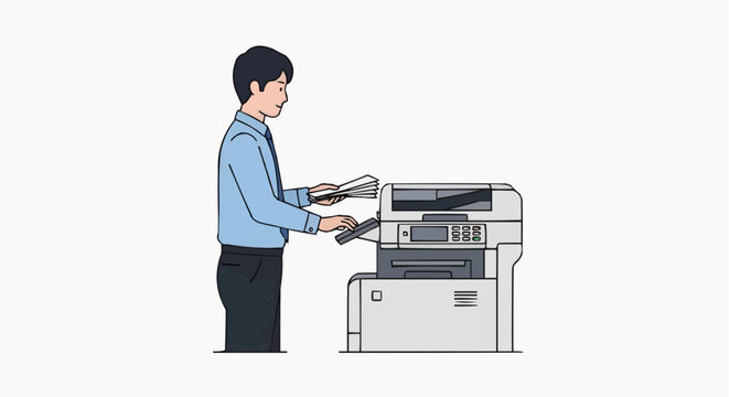 Man using office copier machine In White background.