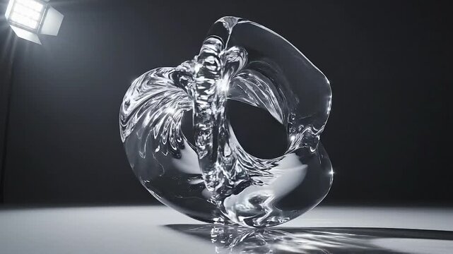 Abstract clear glass sculpture with intricate internal swirling patterns illuminated by a bright spotlight creating dramatic shadows and reflections on a dark background Keywords: abstract, glass