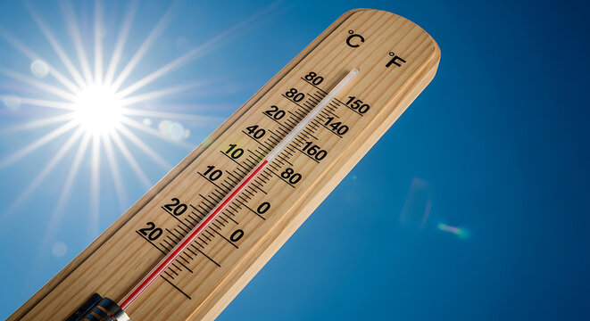 Sun and Thermometer Measuring High Outdoor Temperature