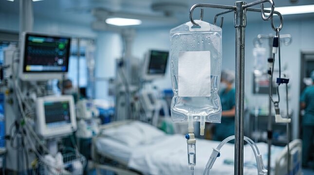 Hospital ICU room with intravenous drip in focus, surrounded by monitors and medical equipment, highlighting critical patient care.