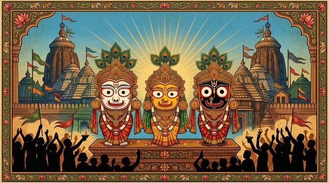 Rath Yatra car festival in Puri, Orissa, IndiaRath Yatra means Chariot Festival. with text subh rath yatra means happy rath yatra, peoples are celebrating the festival