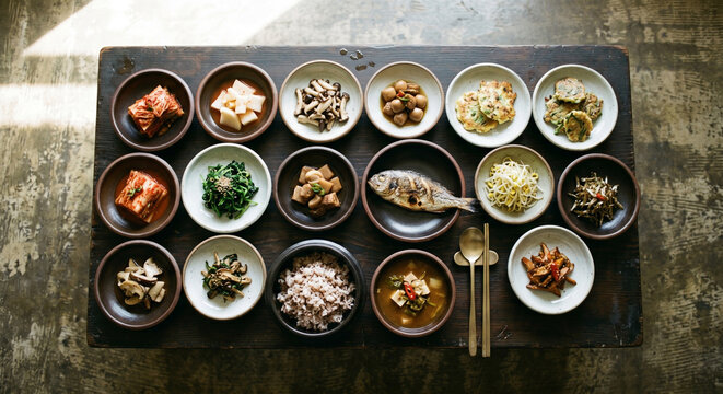 Traditional Korean royal cuisine hanjeongsik full table setting with various banchan side dishes grilled fish multigrain rice and doenjang stew flat lay top view