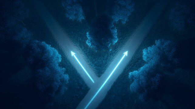 Conceptual background: Bright glowing arrows pointing in two directions at a fork in a dark forest