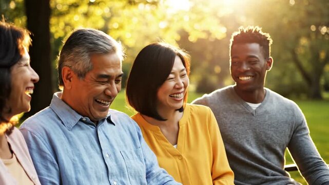 Group of diverse adults laughing brightly together outdoors