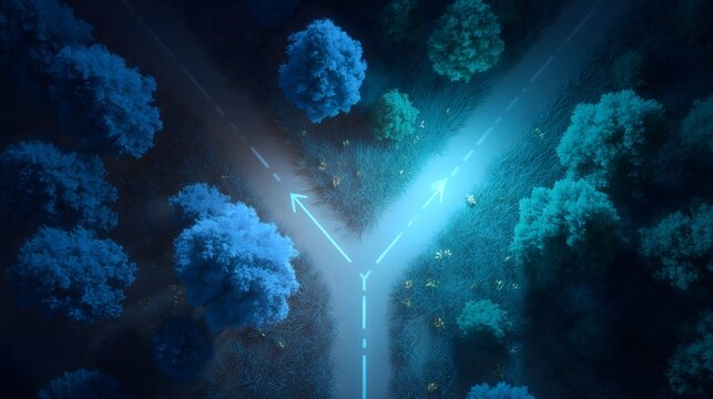 Conceptual background: Dashed glowing arrows branching out at a three-way junction in a dark forest