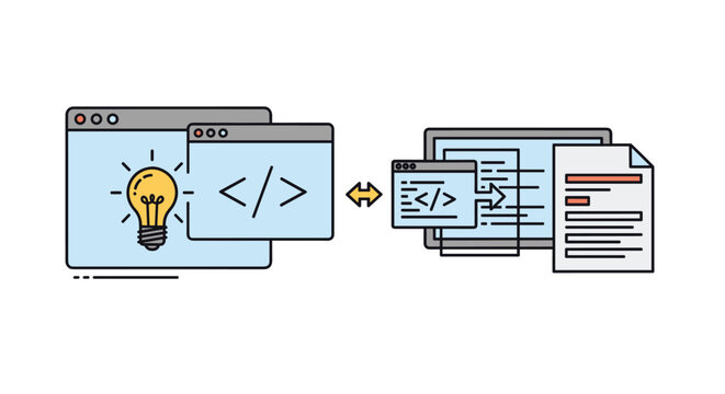 Visual representation of software development process showing programming code transformation into digital documents and data.