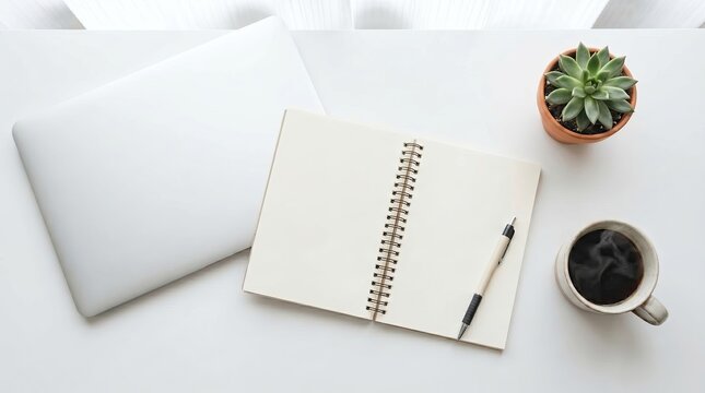 A minimalistic workspace setup with a closed laptop, an open spiral notebook with a pen, a succulent plant, and a cup of black coffee on a white desk.