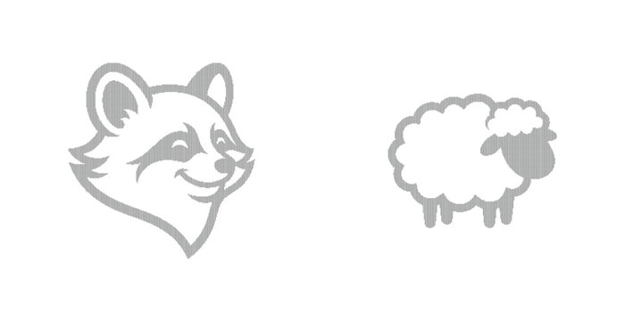 Minimalist animal icons set, raccoon head and fluffy sheep vector illustrations, grey line art mascots for branding and children design