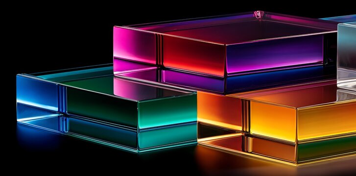 Abstract futuristic dispersion glass shapes cube with neon reflections glossy transparent panels and curved ribbons on dark tech background technology wallpaper 3d rendering