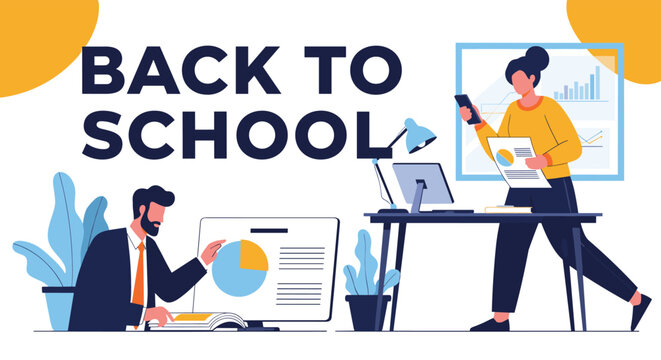 Office employees analyzing financial data on computer screens under a back to school banner representing corporate training.