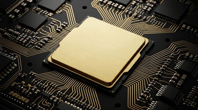 A close-up of a computer microprocessor mounted on a circuit board with intricate electronic pathways.